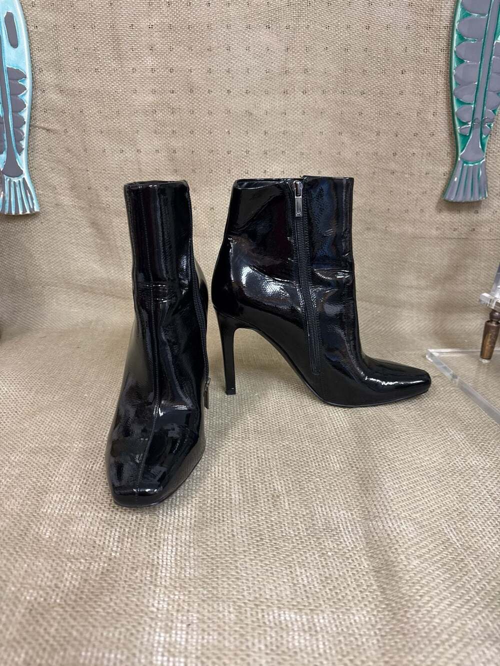 Marc Fisher LTD Ulani Black Crinkle Patent Leather Pointed Toe Ankle Boots